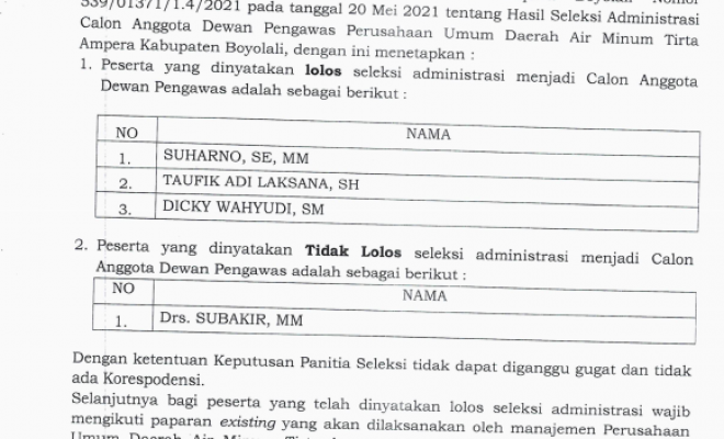 HASIL SELEKSI ADMINISTRASI CALON ANGGOTA DEWAN PENGAWAS PERUSAHAAN UMUM DAERAH AIR MINUM TIRTA AMPER...